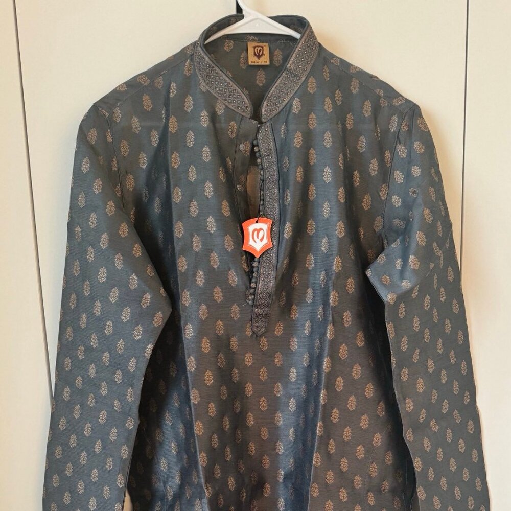Manyavar Grey Kurta Pajama Set With Golden Motif (sherwani)